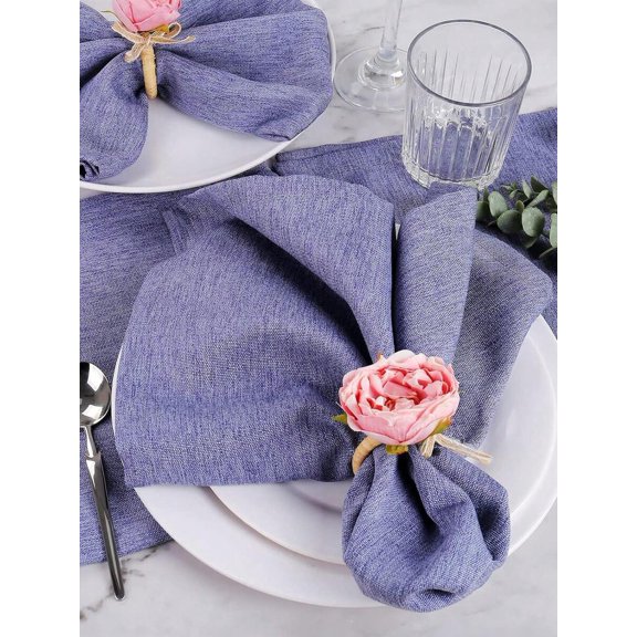 Linen-Textured Periwinkle Blue Napkin Rings With Pink Rose Accent, 6-Pack