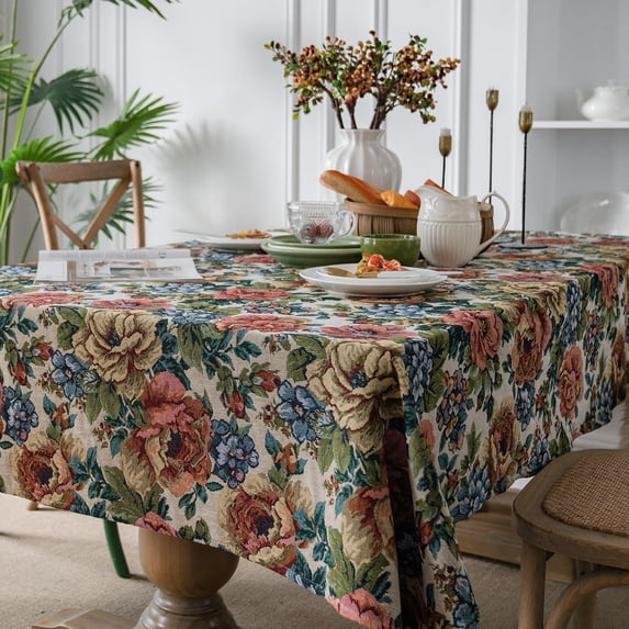 Linen Textured Rectangular Tablecloth, Colorful Flower Pattern Anti-Wrinkle Dust-Proof Jacquard Table Covers for Dining Room, Buffet Banquet, and Family Dinners, 60 x 84 Inch