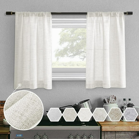 Linen Textured Semi Sheer Kitchen Tiers Curtains 36 Inches Long Small Kitchen Window Curtains Rod Pocket Cafe Curtains Drapes for Bathroom Laundry Room RV(2 Panels, Ivory,30" W x 36" L)