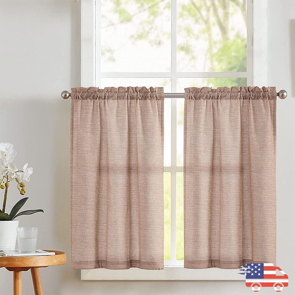 Linen Textured Short Curtains Kitchen Tiers Solid Color Cafe Drapes Rod Pocket