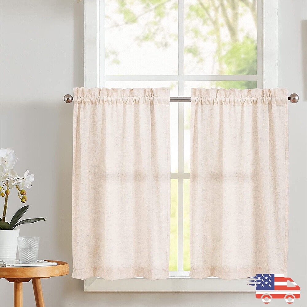 Linen Textured Short Curtains Kitchen Tiers Solid Color Cafe Drapes Rod Pocket