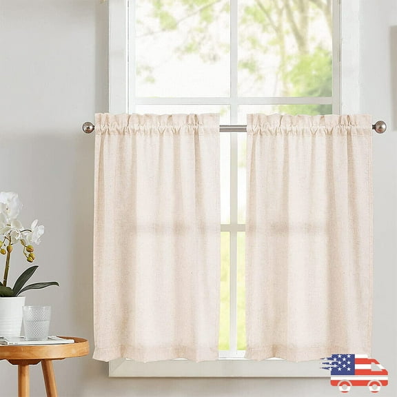 Linen Textured Short Curtains Kitchen Tiers Solid Color Cafe Drapes Rod Pocket