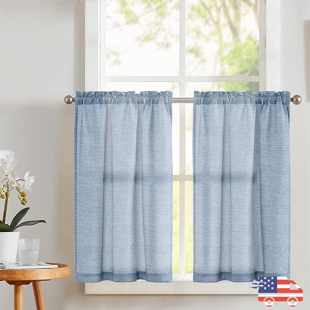 Linen Textured Short Curtains Kitchen Tiers Solid Color Cafe Drapes Rod Pocket