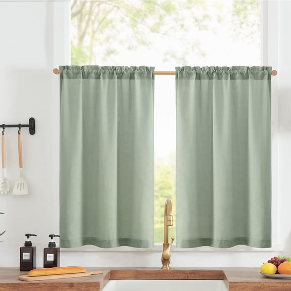 Linen Textured Tier Curtains 36 Inch for Kitchen Windows Farmhouse Cafe Curtains Small Drapes Rustic Light Filtering Half Window for Living Room Laundry Rod Pocket 2 Panels Green