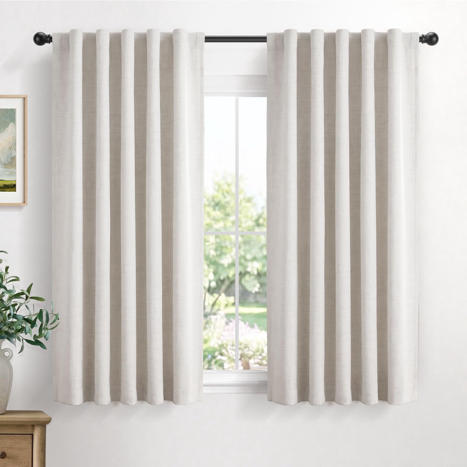 Linen Textured Total Blackout Curtafor Bedroom 63 Inches Long Beige ...