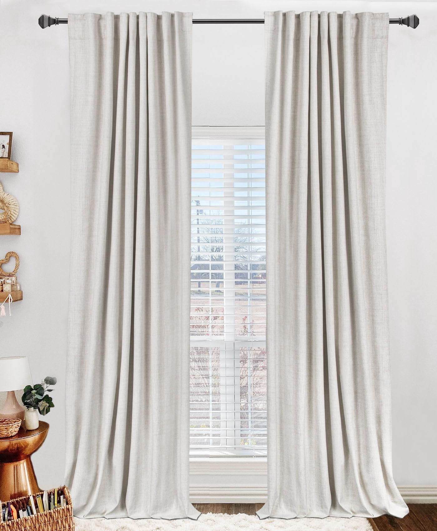 Linen Textured Total Blackout Curtafor Bedroom 80 Inches Long Beige ...