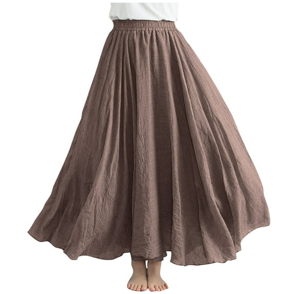 Linen Thread Ankle Skirts for Women High Elastic Waist A-Line Skirts Large Size Maxi Skirts Solid Color Pleated Skirts