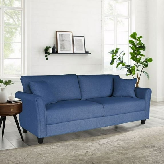 Linen, Three-person Indoor Sofa, Two Throw Pillows, Solid Wood Frame