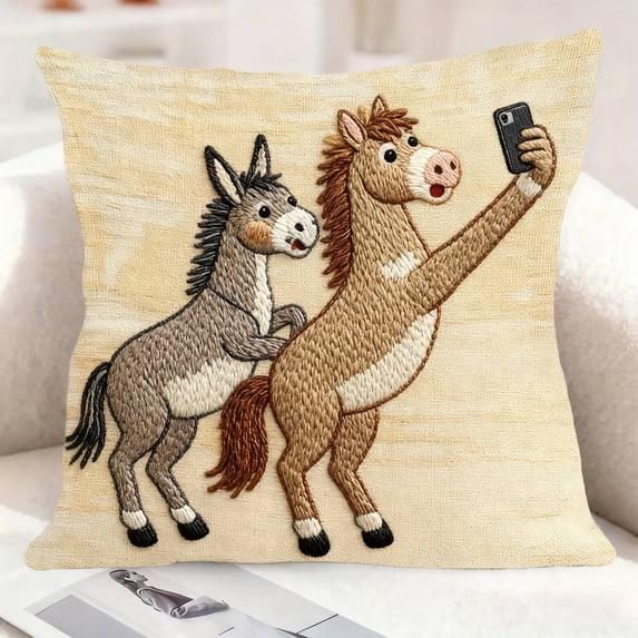 Linen Throw Pillow Case Funny Year of Horse Print Decorative Cushion Cover for Sofa Home Decor Perfect for Living Room Coffee Shop Party D