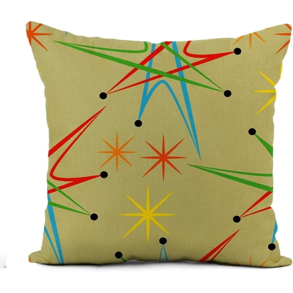 Linen Throw Pillow Cover Colorful Mid Atomic Starburst Retro Pattern Century Modern Vintage 18x18 Inch Home Decor Pillowcase Square Pillow Case Cushion Cover for Sofa Bed