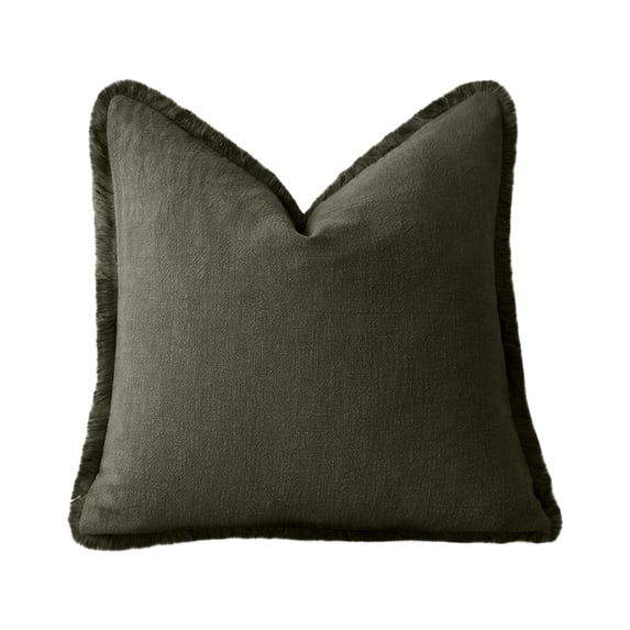 Linen Throw Pillow Covers, 18X18 In, Olive Green, Frayed Edge, Living Room Pillow Covers, Throw Pillow Cases, Home Decorations