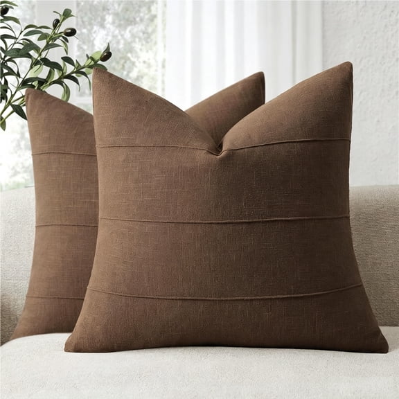Linen Throw Pillow Covers 18x18 Set of 2 Solid Handcrafted Striped Cushion Covers for Bed Soft Modern Farmhouse Neutral Pillowcase for Couch Bedroom Living Room Home Decor