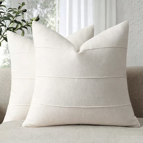 Linen Throw Pillow Covers 18x18 Set of 2 Solid Handcrafted Striped Cushion Covers for Bed Soft Modern Farmhouse Neutral Pillowcase for Couch Bedroom Living Room Home Decor