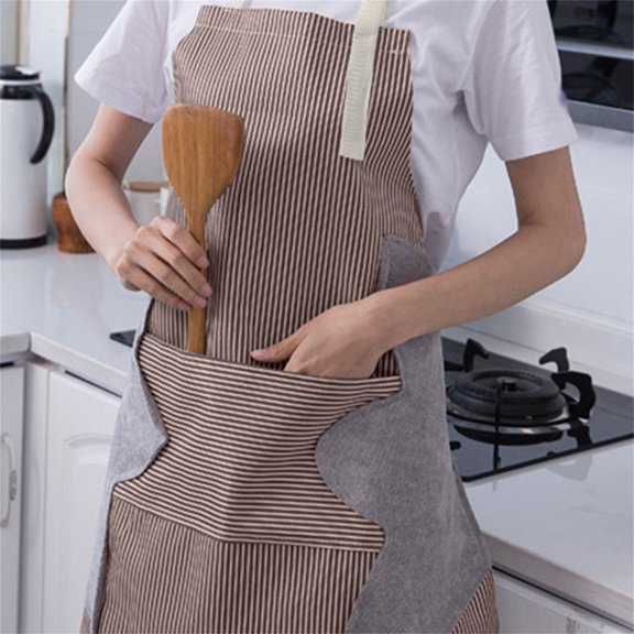 Linen Tie Apron with Striped Design and Functional Pocket for Cooking and Baking Easter Gifts Kitchen Accessories, 27x28 Inch Coffee