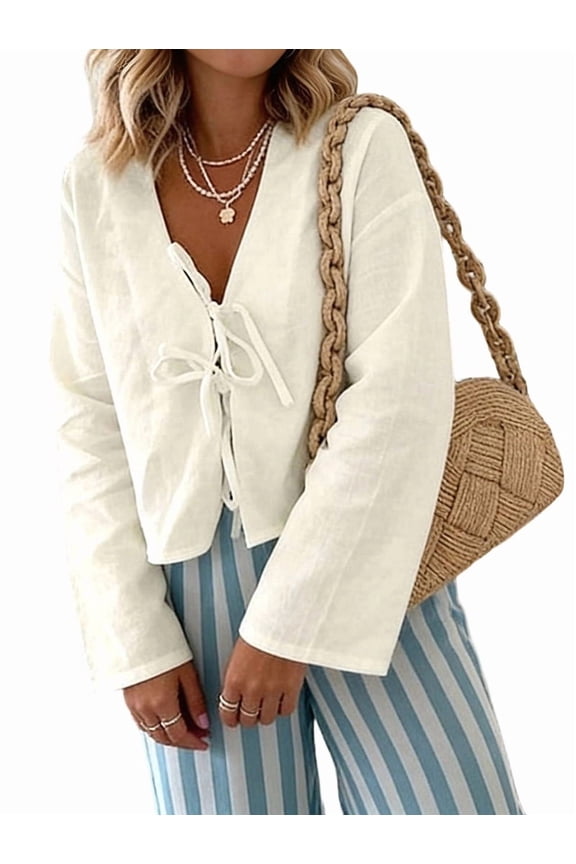 Linen Tie Front Tops for Women Y2K Flare Sleeve V Neck Casual Lace Up Blouses Clothes Cream White S