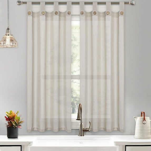 Linen Tier Curtains with Solid Button, Rod Pocket Kitchen Cafe Curtain Valance