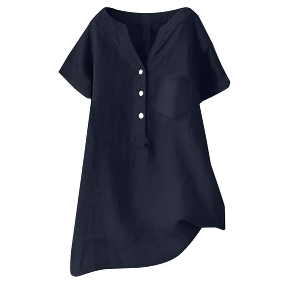 Linen Top, Yigetop Linen Blouse Summer Beach Short Sleeve V Neck Button Down Top Casual Tunic Loose Shirt 2025 Linen Tops for Women Navy L