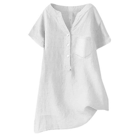 Linen Top, Yigetop Linen Blouse Summer Beach Short Sleeve V Neck Button Down Top Casual Tunic Loose Shirt 2025 Linen Tops for Women White M