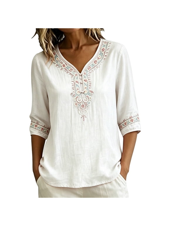 Linen Tops Embroidered 3/4 Sleeve Bohemian Peasant Shirts for Women Casual and Relaxed Fit V Neck Boho Spring 2026 Gauze Cotton Blouse Tunic by Awwp White L