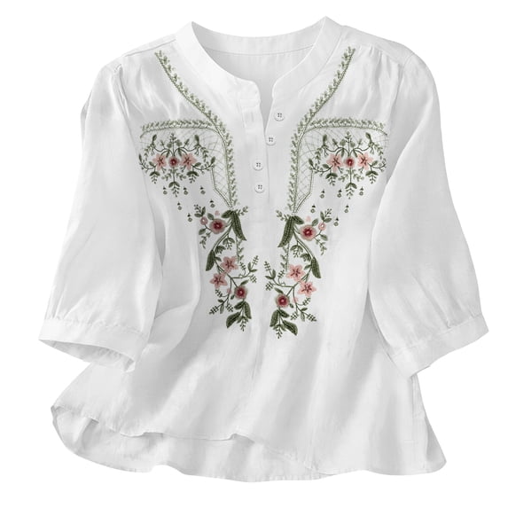 Linen Tops For Women Embroidered 3/4 Sleeve Bohemian Peasant Shirts V Neck Boho Spring 2026 Gauze Cotton Blouse Tunic