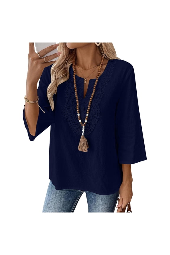 Linen Tops for Women 3/4 Length Sleeve Womens Tops Loose Tunics Top Cotton Linen Tops Retro Embroidered 3/4 Sleeve Boho Tops Lightweight Pullover Shirt Loose Fit Blouses Boho Shirts 2XL