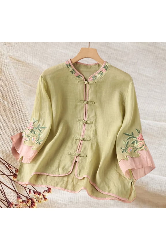 Linen Tops for Women 3/4 Length Sleeve Womens Tops Retro Embroidered 3/4 Sleeve Boho Tops Peasant Tops Loose Fit Blouses Summer Gauze Shirts 3/4 Length Sleeve Shirts Work Tees L