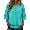 thumbnail image 1 of Linen Tops for Women Button V Neck Partial Button Front Fringe Tops Tassel Cotton Linen Shirts V Neck Short Sleeve Blouses Peasant Blouses Western Frayed Fringe Distressed,Mint Green,M, 1 of 5