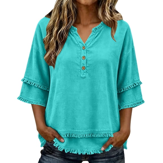 Linen Tops for Women Button V Neck Partial Button Front Fringe Tops Tassel Cotton Linen Shirts V Neck Short Sleeve Blouses Peasant Blouses Western Frayed Fringe Distressed,Mint Green,M