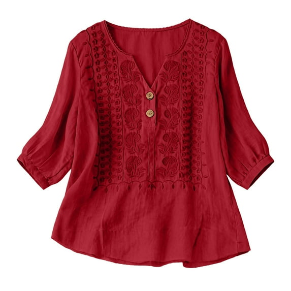 Linen Tops Women Cotton Boho Tops Flowy Tops For Women Loose Fit Tee Shirt Women Gauze Tunic Tops For Women Peasant Blouse Lightweight Linen Blouses For Women Womens Summer Tops Red L