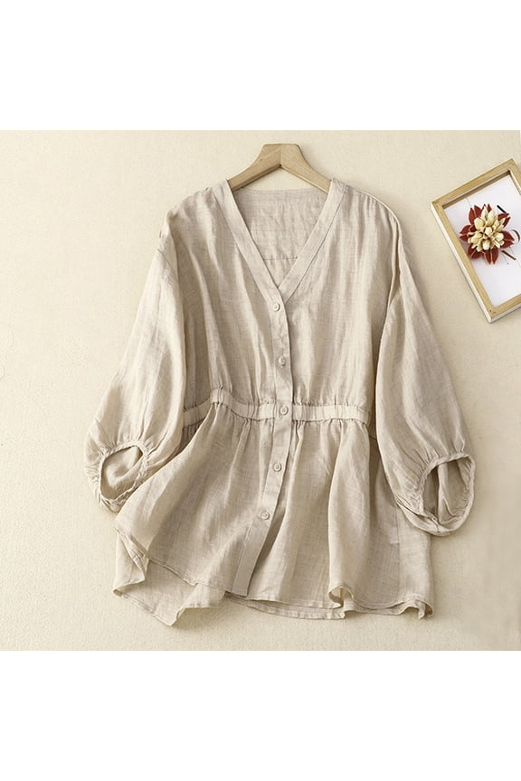 Linen Tops for Women Cotton Linen Tops Retro Embroidered 3/4 Sleeve Boho Tops Summer Gauze Shirts Peasant Tops Fashion Clothes Relaxed Fit Basic Tee 3/4 Length Sleeve Shirts 2XL