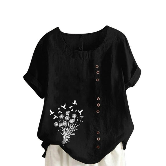 Linen Tops for Women Floral Printing Blouse Button Crew Neck Shirt Short Sleeve Tee Rolled Hem Top Fresh Casual T-Shirt Cute Graphic Breathable T Shirt(S-5XL)