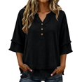 thumbnail image 1 of Linen Tops for Women Henley Shirts Loose Beach Clothes Western Frayed Casual Summer Gauze Shirts Boho Tops with Raw Hem Tassel Cotton Linen Shirts V Neck Short Sleeve Blouses,Black,L, 1 of 5