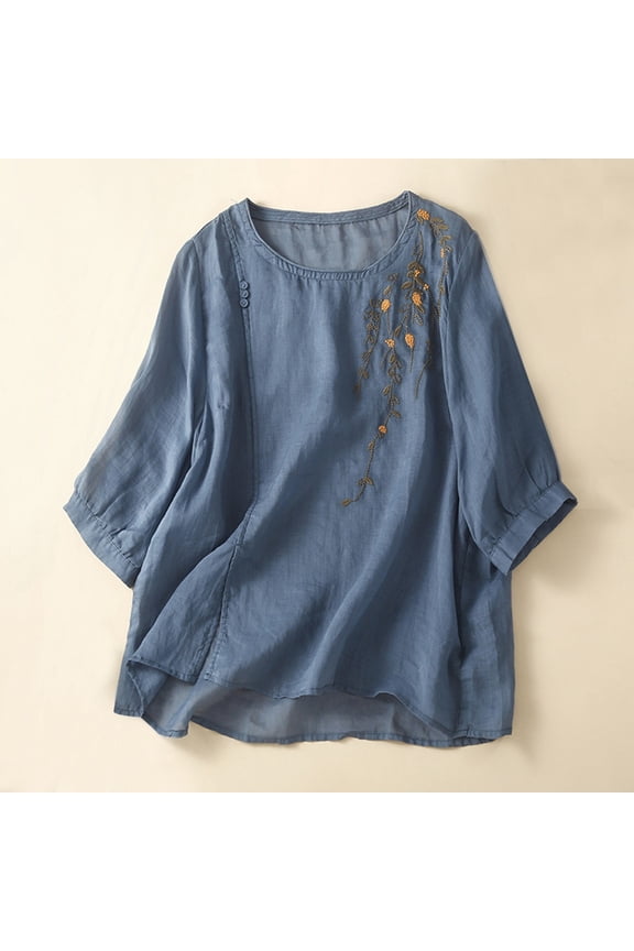 Linen Tops for Women Loose Fit Blouses Peasant Tops 3/4 Length Sleeve Womens Tops Retro Embroidered 3/4 Sleeve Boho Tops Summer Gauze Shirts Boho Shirts Summer Tops for Women M