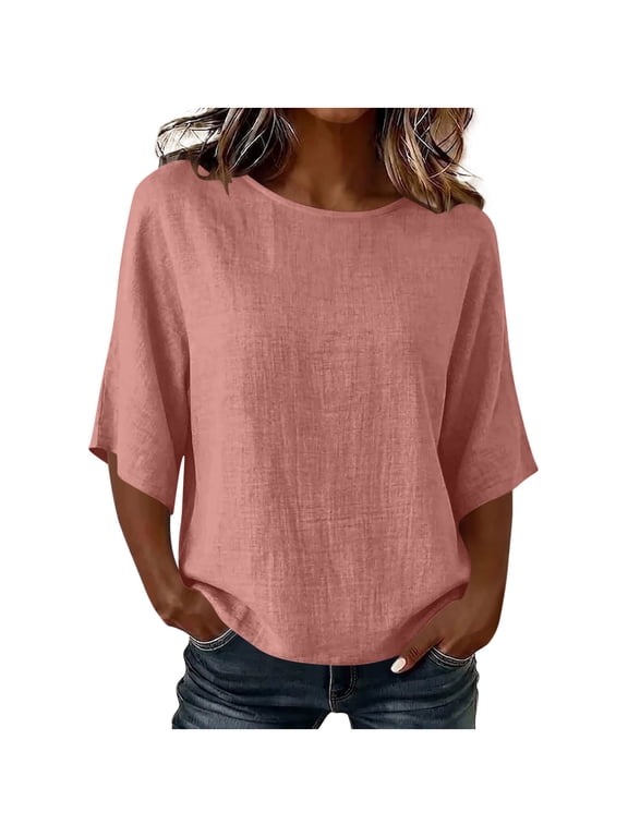 Linen Tops Women Oversized, Ladies Cotton Linen T Shirts Crewneck Plain 3/4 Sleeve Tshirts Casual Loose Boho Three Quarter Sleeve Blouses Solid Color Summer Tee Shirt Plus Size