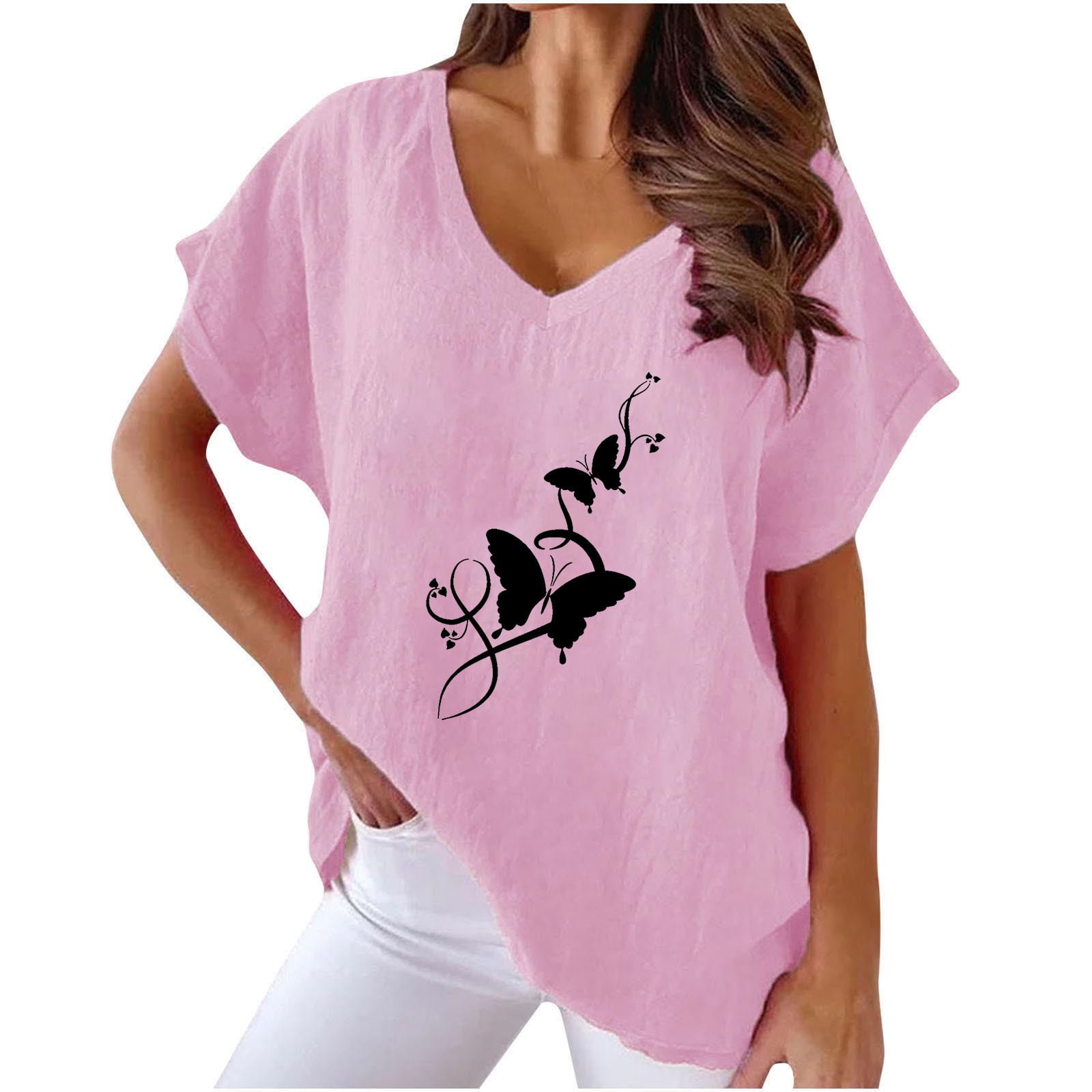 Linen Tops for Women Oversized V Neck T Shirts Short Sleeve Cotton