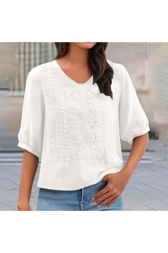 Linen Tops for Women Peasant Tops Elbow Sleeve Cotton Linen Tops Bohemian Tops 3/4 Length Sleeve Womens Tops Retro Embroidered 3/4 Sleeve Boho Tops Summer Tshirts Travel Vacation M