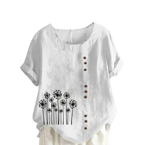 Linen Tops for Women Plus Size Cotton Shirts Short Sleeve Floral Print T-Shirts Dandelion Graphic Shirt Casual Blouses Summer Tee Lagenlook Blouses Top