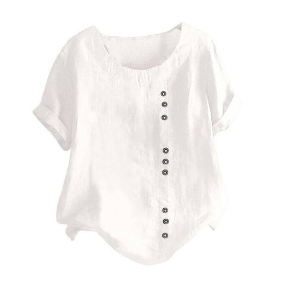 Linen Tops for Women Plus Size Ladies Solid Color Casual Shirts Loose Soft Round Neck Short Sleeve Blouse Summer Lightweight Cotton Linen Tops Tees Women Casual Clothes Sale