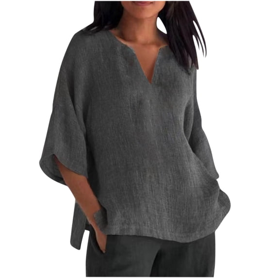 Linen Tops Women, Plus Size V Neck Short Sleeve Shirts Loose Casual Solid Half Sleeve No Accessories Tunic Tops Lightweight Comfy Side Slit T-Shirts Women Summer Outfits