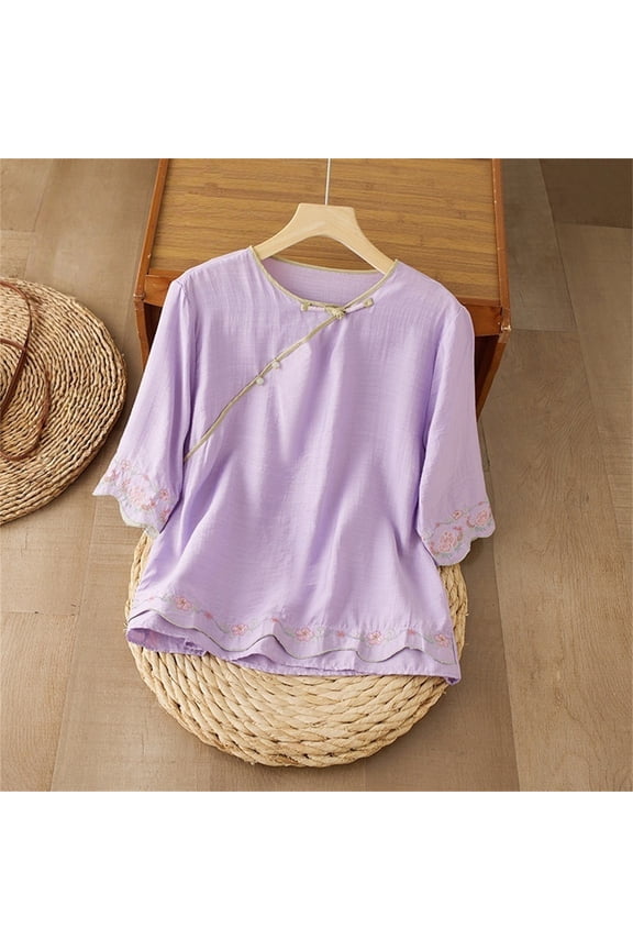 Linen Tops for Women Retro Embroidered 3/4 Sleeve Boho Tops 3/4 Length Sleeve Womens Tops Solid Color Pullover Shirts Loose Tunics Top Summer Spring Blouses Elbow Sleeve Boho Shirts 3XL