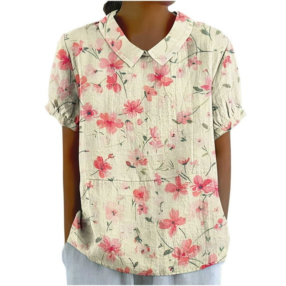 Linen Tops for Women Summer Collared Short Sleeve Tops Pullover Sweater Blouses Floral Printed Tunic Blouses Baggy Boho Dressy Shirts Going Out Beach Holiday Outfits 2025