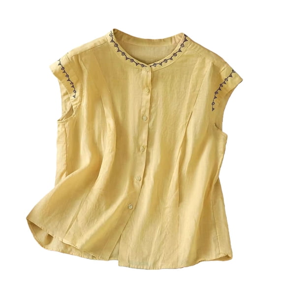 Linen Tops for Women, Yigetop Tank Top for Women Solid Color Sleeveless Blouse Summer Cotton Linen Shirts Casual Round Neck Basic Top Cotton Boho Tops for Women Yellow 3XL