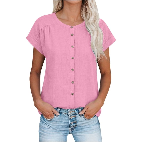 Linen Tops Women's Linen Short Sleeve Button-Down Top - Round Neck Summer Tunic Loose Casual Blouse