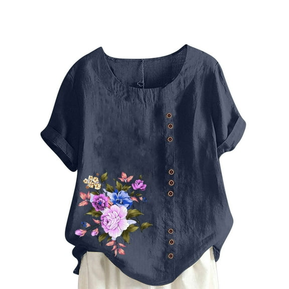 Linen Tops Womens Floral Printed Short Sleeve Crew Neck Plus Size Casual Summer Blouses with Buttons M-5X (L, Navy)