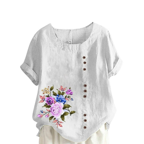 Linen Tops Womens Floral Printed Short Sleeve Crew Neck Plus Size Casual Summer Blouses with Buttons M-5X (XL, White)