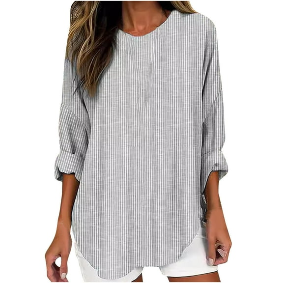 Linen Tops Womens Plus Size Casual Puff Ruffle Sleeve Round Neck Solid Color Loose Shirt Summer Fall Button Tops,Gray 1,2XL