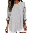 thumbnail image 1 of Linen Tops Womens Plus Size Casual Puff Ruffle Sleeve Round Neck Solid Color Loose Shirt Summer Fall Button Tops,Gray 1,XL, 1 of 5