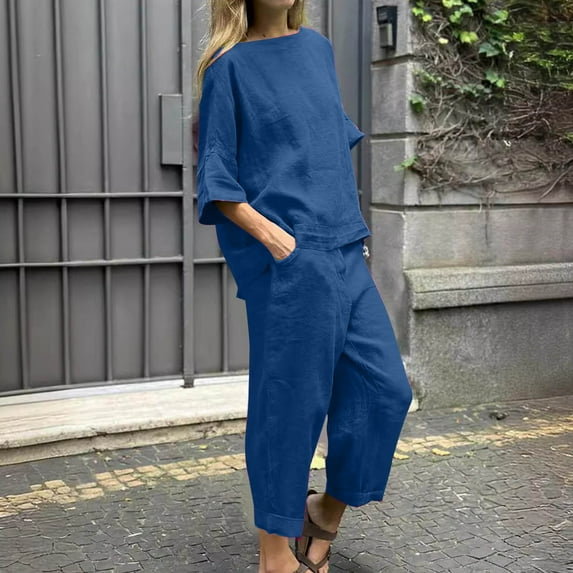 Linen Tops and Pants Set Women 2 Piece Loose Lounge Outfits Drop Shoulder 3/4 Sleeve T-shirt Pockets Wide Leg Trousers (2XL, Blue)
