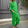 thumbnail image 1 of Linen Tops and Pants Set Women 2 Piece Loose Lounge Outfits Drop Shoulder 3/4 Sleeve T-shirt Pockets Wide Leg Trousers (2XL, Green), 1 of 7