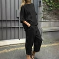thumbnail image 1 of Linen Tops and Pants Set Women 2 Piece Loose Lounge Outfits Drop Shoulder 3/4 Sleeve T-shirt Pockets Wide Leg Trousers (3XL, Black), 1 of 7